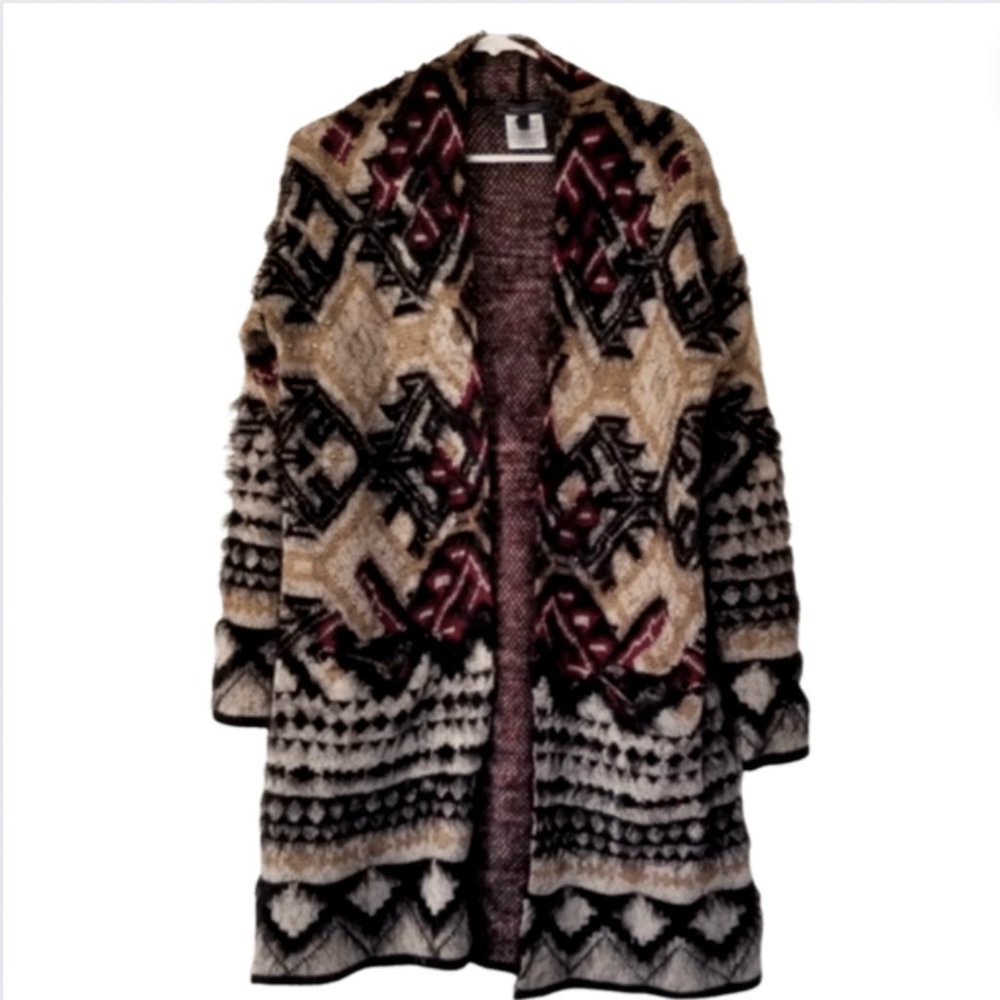 BCBGMaxAzria Aztec Super Soft Long Cardigan Sweater, L